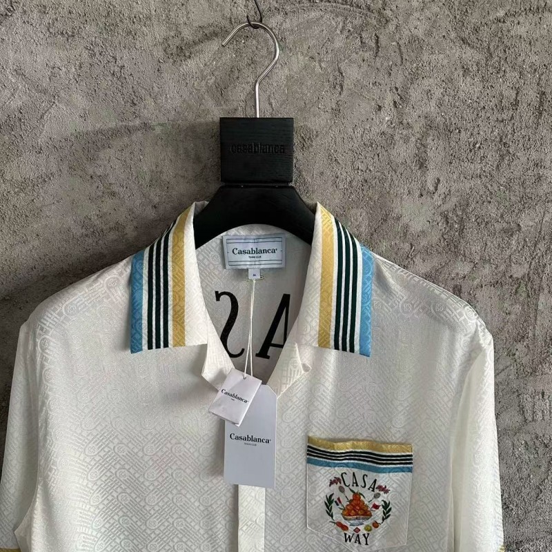 CASABLANCA White silk jacquard T-shirt with orange pattern